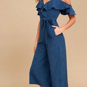 Lulu's Dark Blue Off-the-Shoulder Midi Jumpsuit